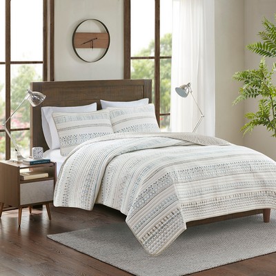 Olliix Fraser 3 Piece Printed Microfiber Seersucker Quilt Set Taupe/Blue