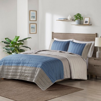 Olliix Blake 3 Piece Printed Color Blocking Microfiber Quilt Set Taupe/Blue