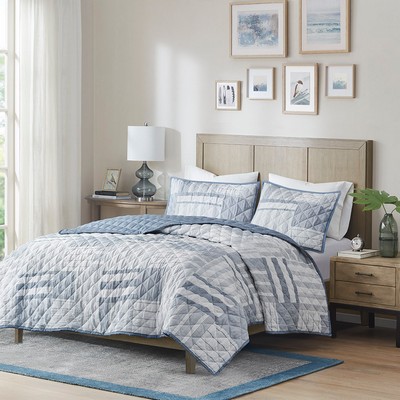 Olliix Graham 3 Piece Jacquard Patchwork Quilt Set Blue