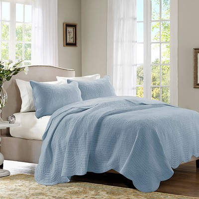 Olliix Tuscany 3 Piece Reversible Scalloped Edge Quilt Set Blue