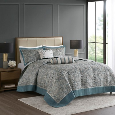 Olliix Aubrey 5 Piece Jacquard Bedspread Set with Throw Pillows Teal