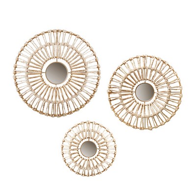 Olliix Ella Round Natural Fiber and Mirror 3-piece Wall Decor Set Neutral