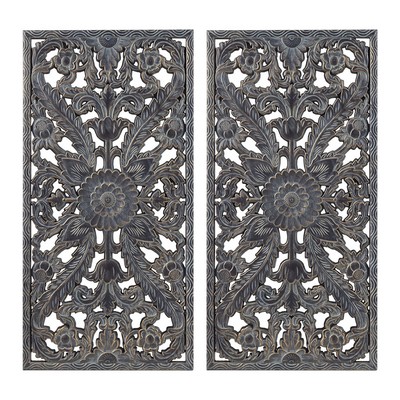 Olliix Botanical Panel Distressed Carved Wood 2-piece Wall Decor Set Antique Blue