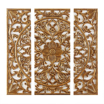 Olliix Gold Medallion Triptych 3-piece Dimensional Resin Canvas Wall Art Set Gold