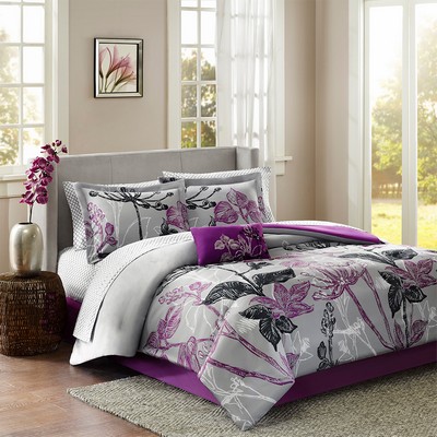 Olliix Claremont 7 Piece Comforter Set with Cotton Bed Sheets Purple