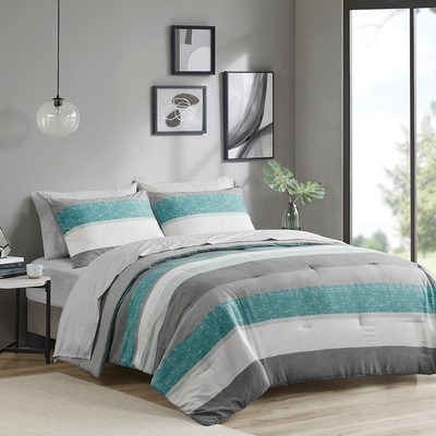 Olliix Jaxon Stripe Comforter Set with Bed Sheets Aqua/Grey