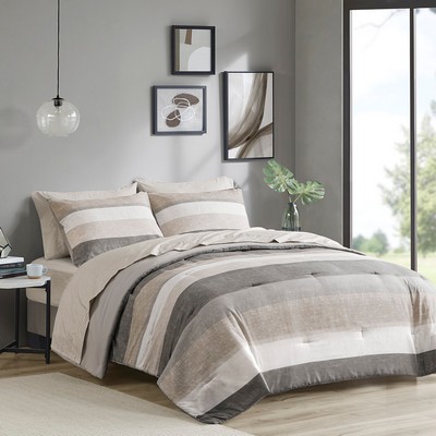 Olliix Jaxon Stripe Comforter Set with Bed Sheets Taupe/Grey