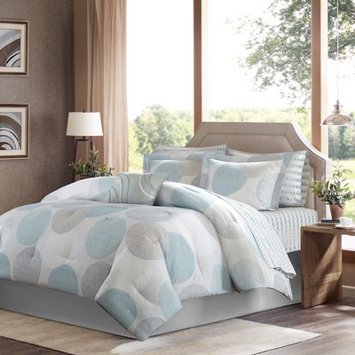 Olliix Knowles 7 Piece Comforter Set with Cotton Bed Sheets Aqua