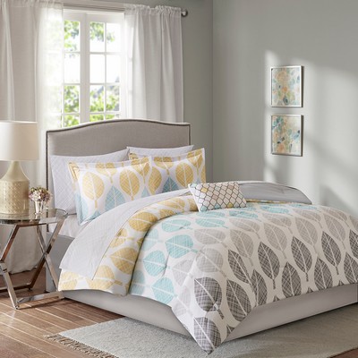 Olliix Central Park 7 Piece Comforter Set with Cotton Bed Sheets Yellow/Aqua