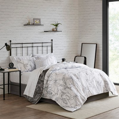 Olliix Lilia 9 Piece Reversible Comforter Set with Cotton Bed Sheets White/ Charcoal