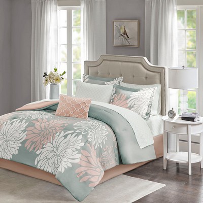 Olliix Maible 7 Piece Comforter Set with Cotton Bed Sheets Blush/Grey