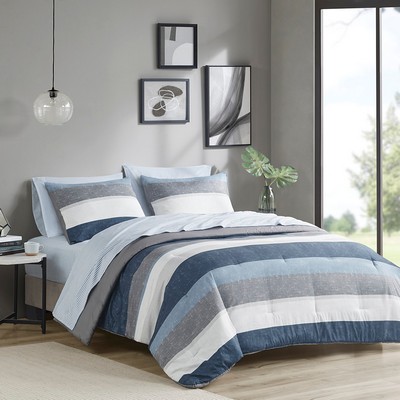 Olliix Jaxon Stripe Comforter Set with Bed Sheets Blue/Grey