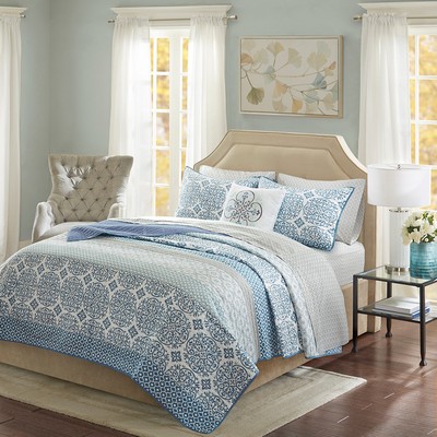 Olliix Sybil 6 Piece Quilt Set with Cotton Bed Sheets Blue