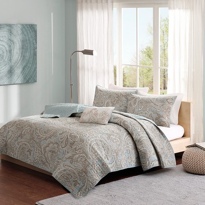 Olliix Ronan 4 Piece Cotton Quilt Set with Trhow Pillow Blue