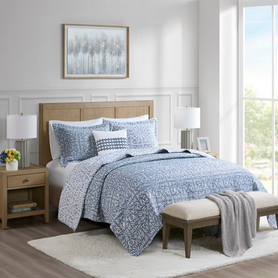 Olliix Harmony 4 Piece Oversized Reversible Matelasse Quilt Set with Throw Pillow Blue