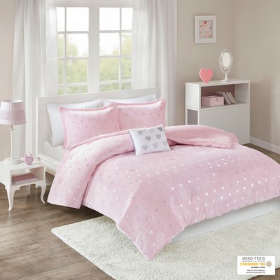 Olliix Rosalie Metallic Printed Plush Comforter Set with Throw Pillow Pink/Silver