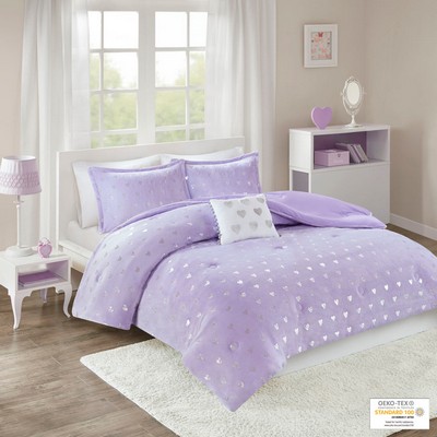 Olliix Rosalie Metallic Printed Plush Comforter Set with Throw Pillow Purple/Silver