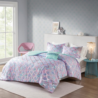 Olliix Pearl Metallic Printed Reversible Comforter Set Aqua/Purple