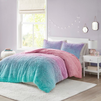 Olliix Primrose Ombre Shaggy Faux Fur Comforter Set Purple Multi