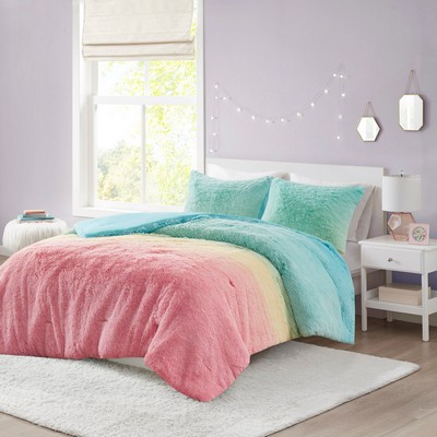 Olliix Primrose Ombre Shaggy Faux Fur Comforter Set Aqua Multi