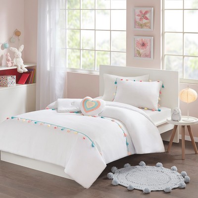 Olliix Tessa Tassel Comforter Set with Heart Shaped Throw Pillow White