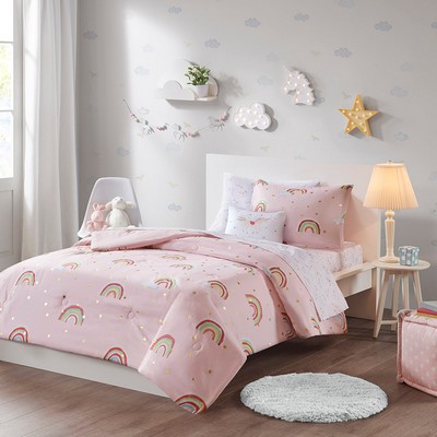 Olliix Alicia Rainbow and Metallic Stars Comforter Set with Bed Sheets Pink