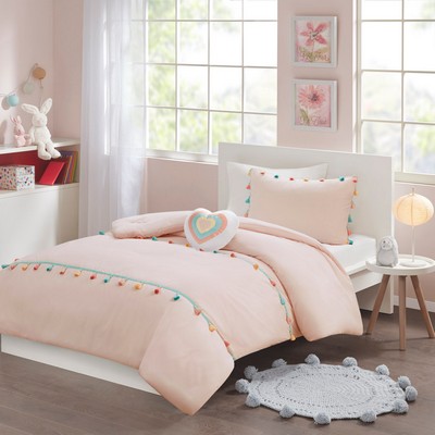 Olliix Tessa Tassel Comforter Set with Heart Shaped Throw Pillow Blush