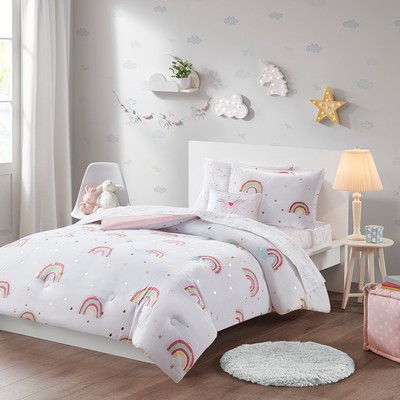 Olliix Alicia Rainbow and Metallic Stars Comforter Set with Bed Sheets White