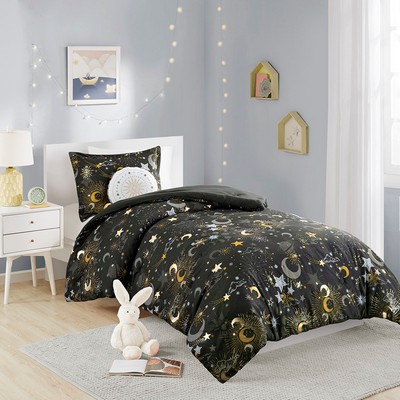 Olliix Celia Starry Sky Metallic Comforter Set with Throw Pillow Charcoal/Gold