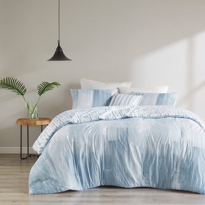 Olliix Brush Stroke 4 Piece Oversized Reversible Seersucker Comforter Set Blue