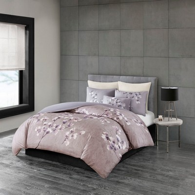 Olliix Sakura Blossom 3 Piece Cotton Sateen Printed Duvet Cover Set Lilac