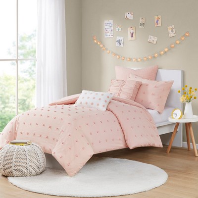 Olliix Brooklyn Cotton Jacquard Comforter Set with Euro Shams and Throw Pillows Pink