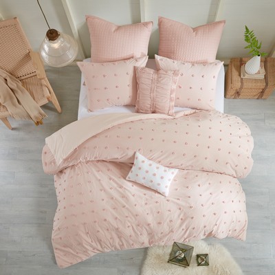 Olliix Brooklyn Cotton Jacquard Comforter Set with Euro Shams and Throw Pillows Pink