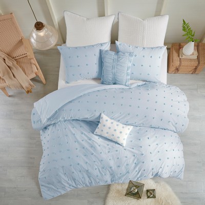 Olliix Brooklyn Cotton Jacquard Comforter Set with Euro Shams and Throw Pillows Blue