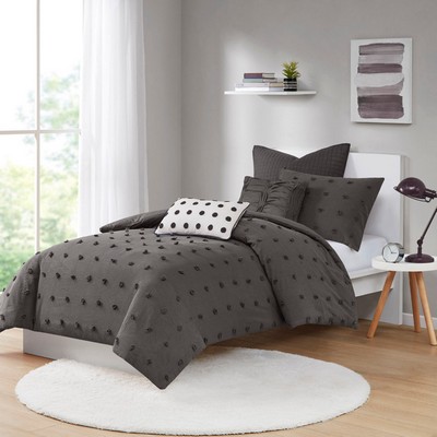 Olliix Brooklyn Cotton Jacquard Comforter Set with Euro Shams and Throw Pillows Charcoal