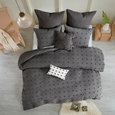 Olliix Brooklyn Cotton Jacquard Comforter Set with Euro Shams and Throw Pillows Charcoal