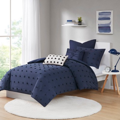 Olliix Brooklyn Cotton Jacquard Comforter Set with Euro Shams and Throw Pillows Navy