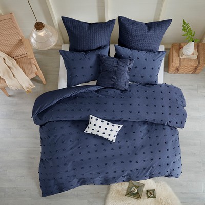 Olliix Brooklyn Cotton Jacquard Comforter Set with Euro Shams and Throw Pillows Navy