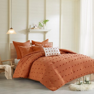 Olliix Brooklyn Cotton Jacquard Comforter Set with Euro Shams and Throw Pillows Rust