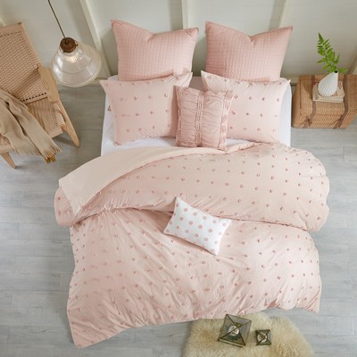 Olliix Brooklyn Cotton Jacquard Duvet Cover Set with Euro Shams and Throw Pillows Pink