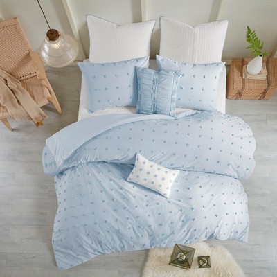 Olliix Brooklyn Cotton Jacquard Duvet Cover Set with Euro Shams and Throw Pillows Blue