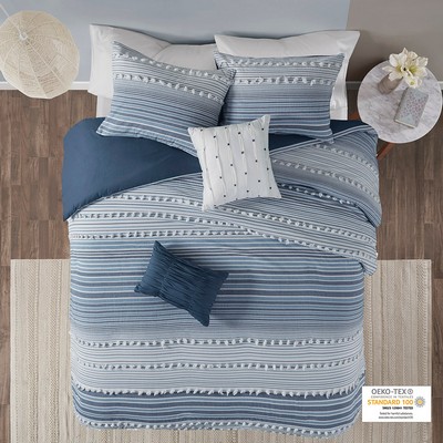 Olliix Calum Cotton Jacquard Duvet Cover Set Navy