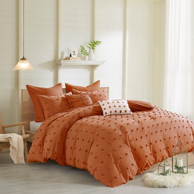 Olliix Brooklyn Cotton Jacquard Duvet Cover Set with Euro Shams and Throw Pillows Rust