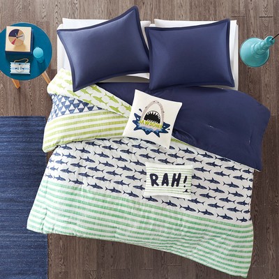 Olliix Finn Shark Cotton Comforter Set Green / Navy