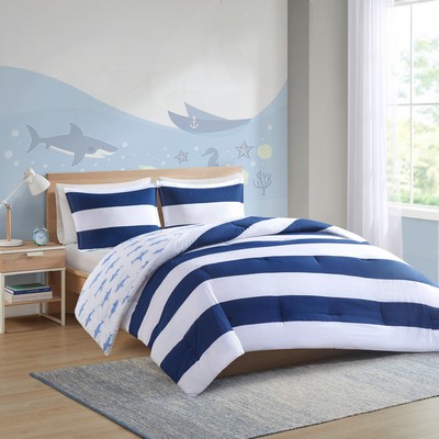 Olliix Sammie Cotton Cabana Stripe Reversible Comforter Set with Shark Reverse Navy