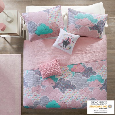 Olliix Cloud Reversible Cotton Quilt Set with Throw Pillows Pink