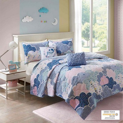 Olliix Cloud Reversible Cotton Quilt Set with Throw Pillows Blue