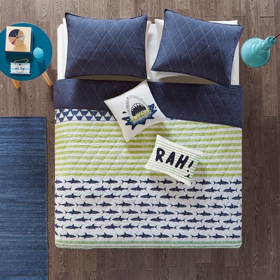 Olliix Finn Shark Reversible Cotton Quilt Set with Throw Pillows Green / Navy