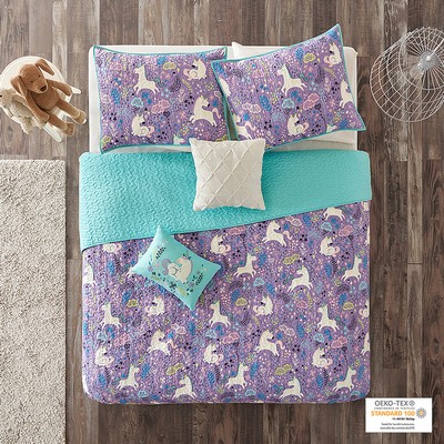 Olliix Lola Unicorn Reversible Cotton  Quilt Set with Throw Pillows Purple