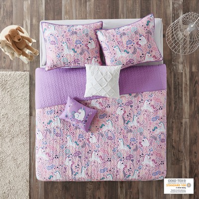 Olliix Lola Unicorn Reversible Cotton  Quilt Set with Throw Pillows Pink